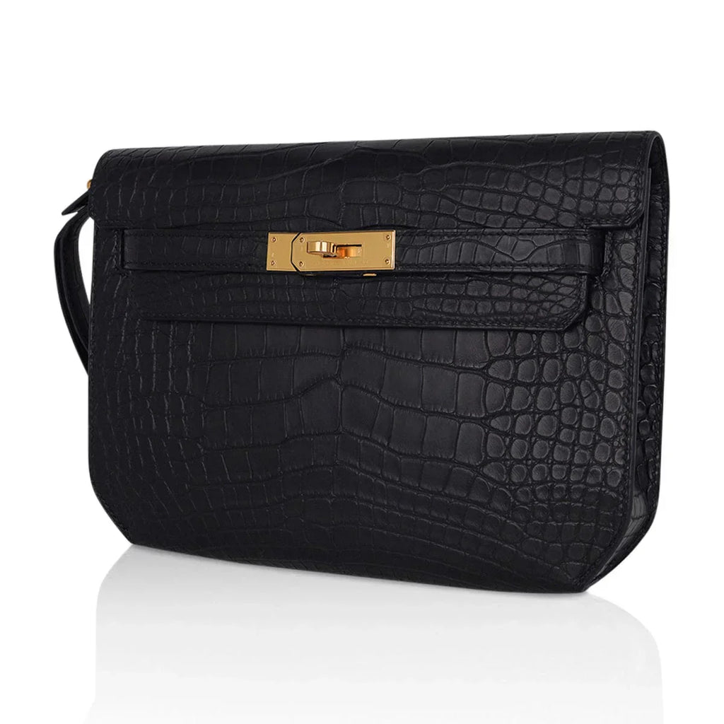 Kelly Depeches 25 Pouch Black Matte Alligator Gold Hardware New