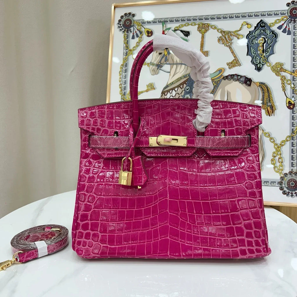 Birkin 30 Rose Pourpre Shiny Niloticus Crocodile Gold Hardware