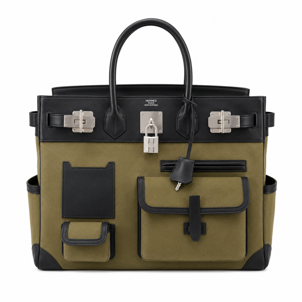 Birkin Cargo 40 Kaki Green Canvas and Black Leather Multi-Pocket Bag
