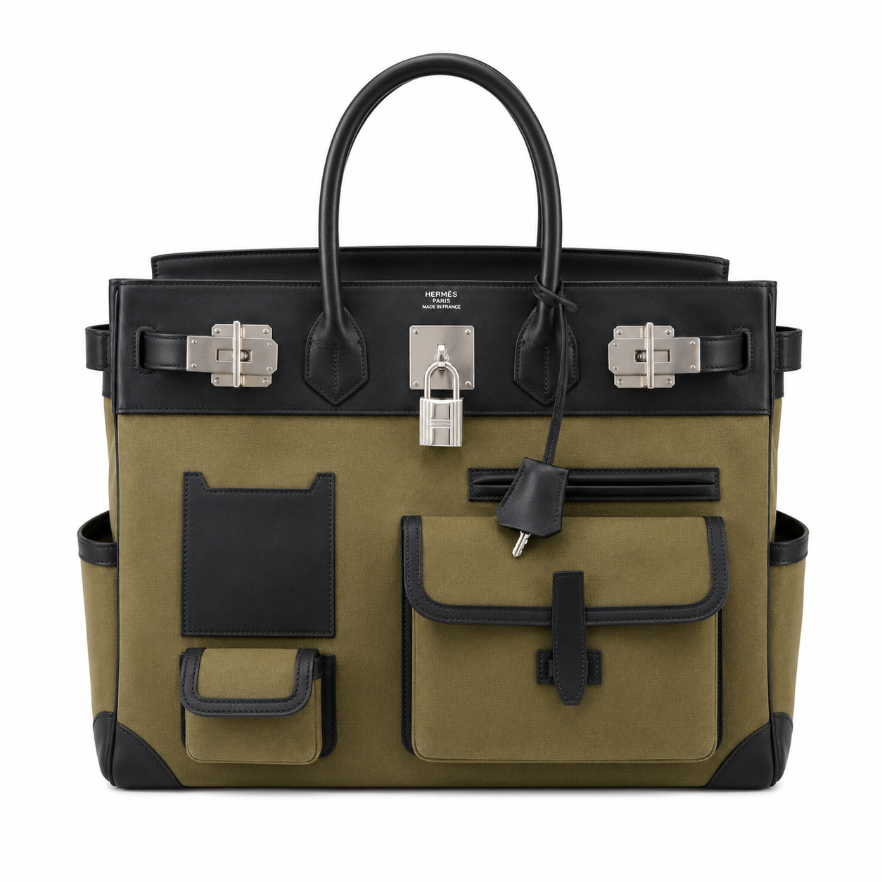Birkin Cargo 40 Kaki Green Canvas and Black Leather Multi-Pocket Bag