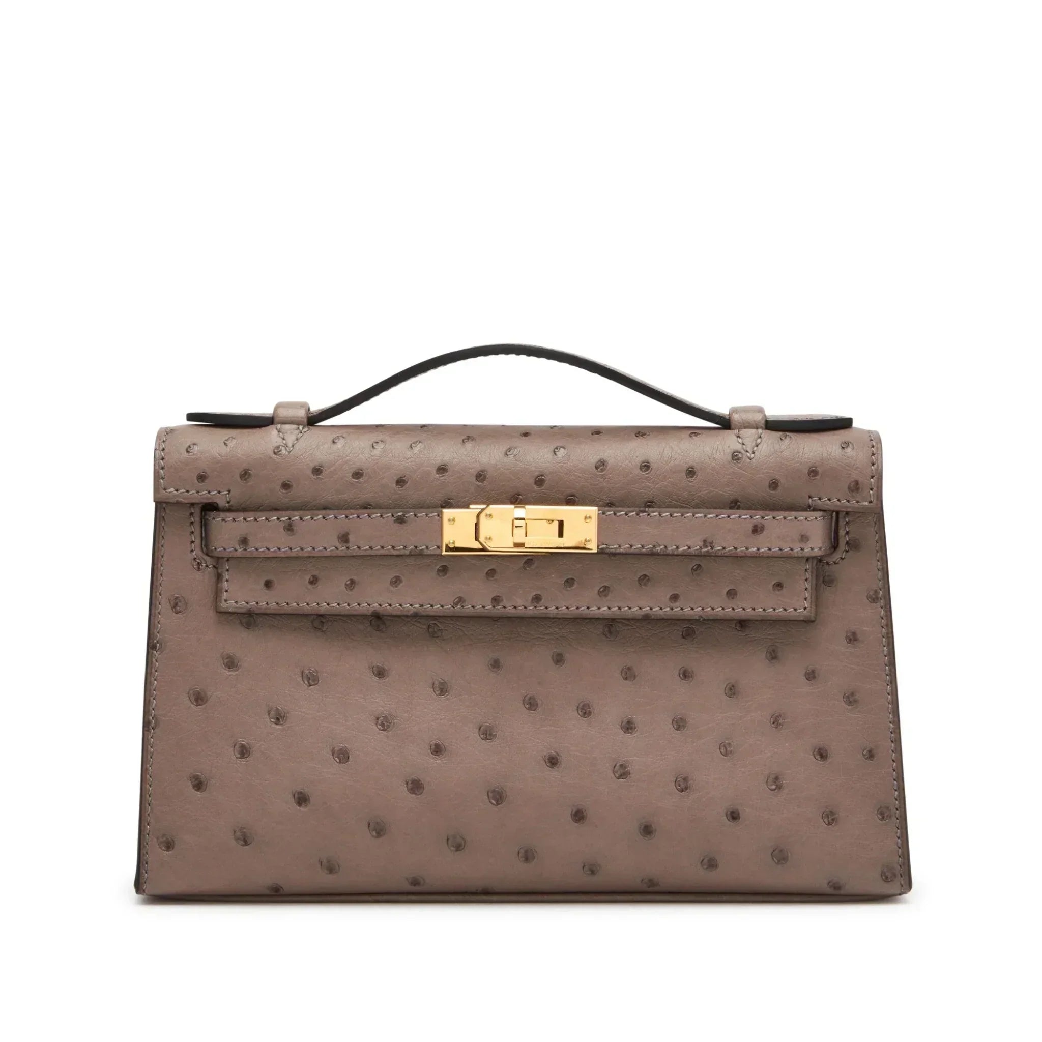 Kelly Pochette in Ostrich Leather with Gold Hardware Gris Tourterelle