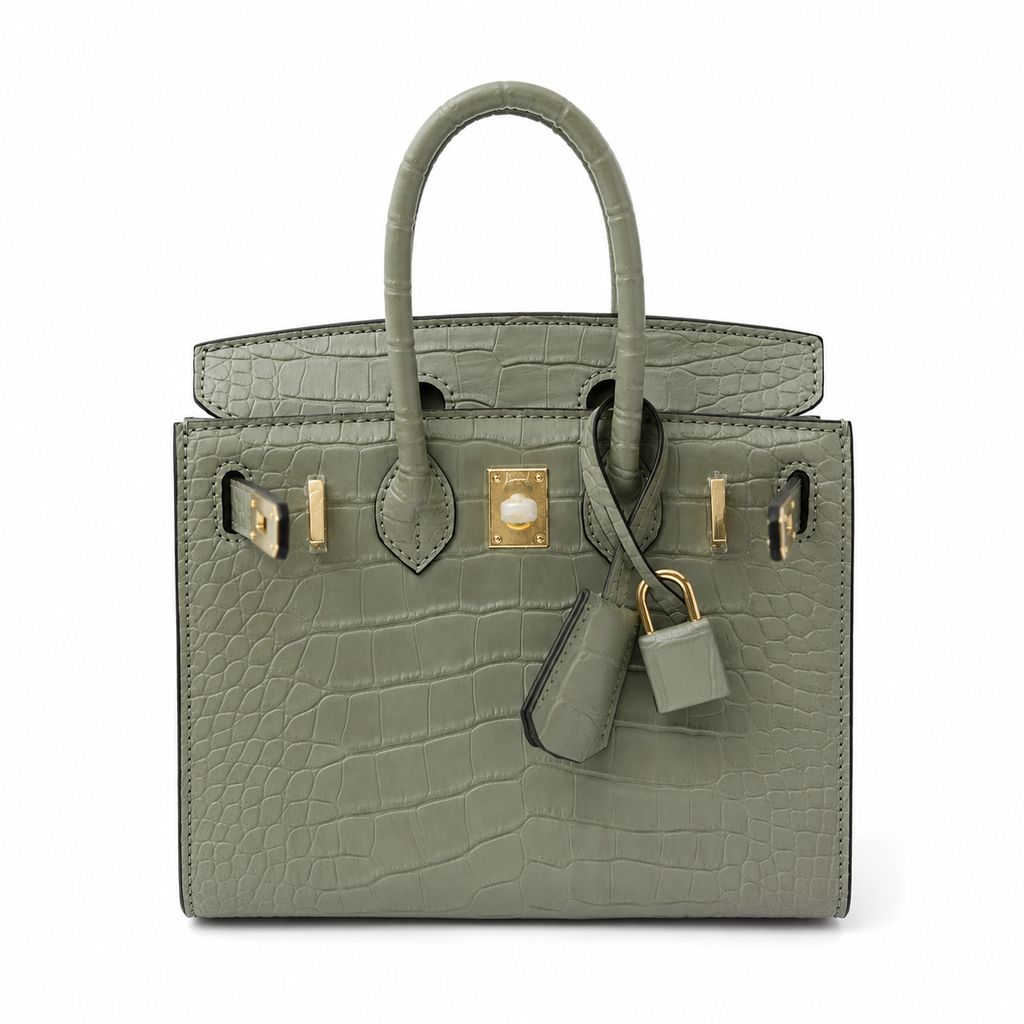 Mini Birkin 20cm Outer Stitching Tote Bag in Sage Green Crocodile Pattern