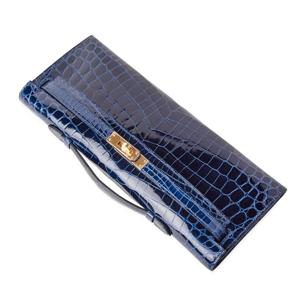 Kelly Cut Blue Sapphire Crocodile Clutch Bag Gold Hardware