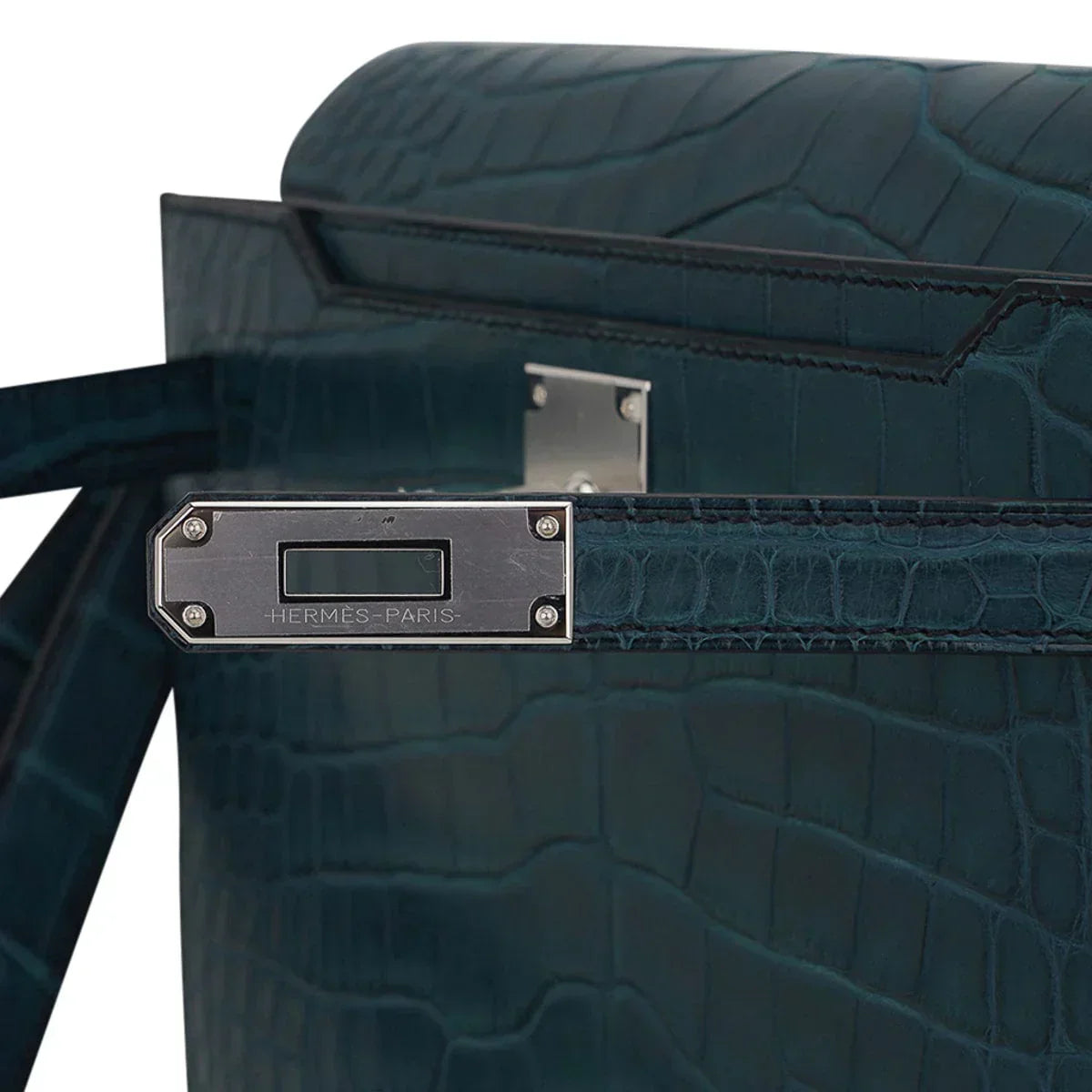 Kelly Depeches 25 Pouch Vert Rousseau Matte Alligator Palladium Hardware