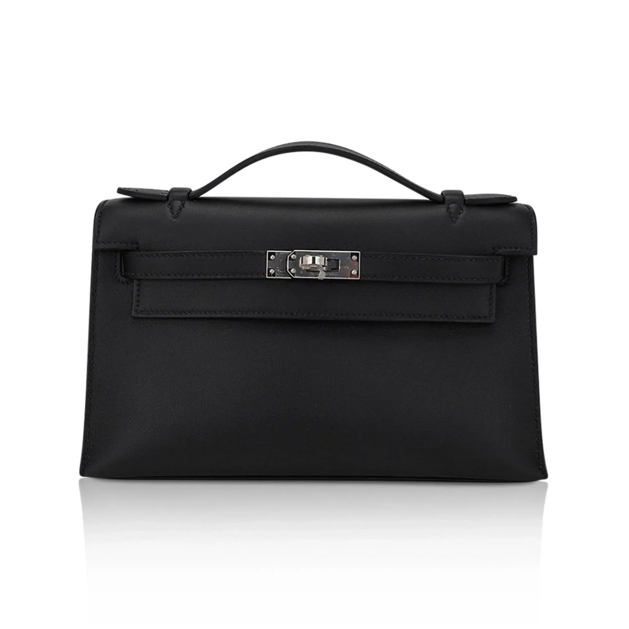 Kelly Pochette Clutch Bag Black Swift Leather with Palladium Hardware