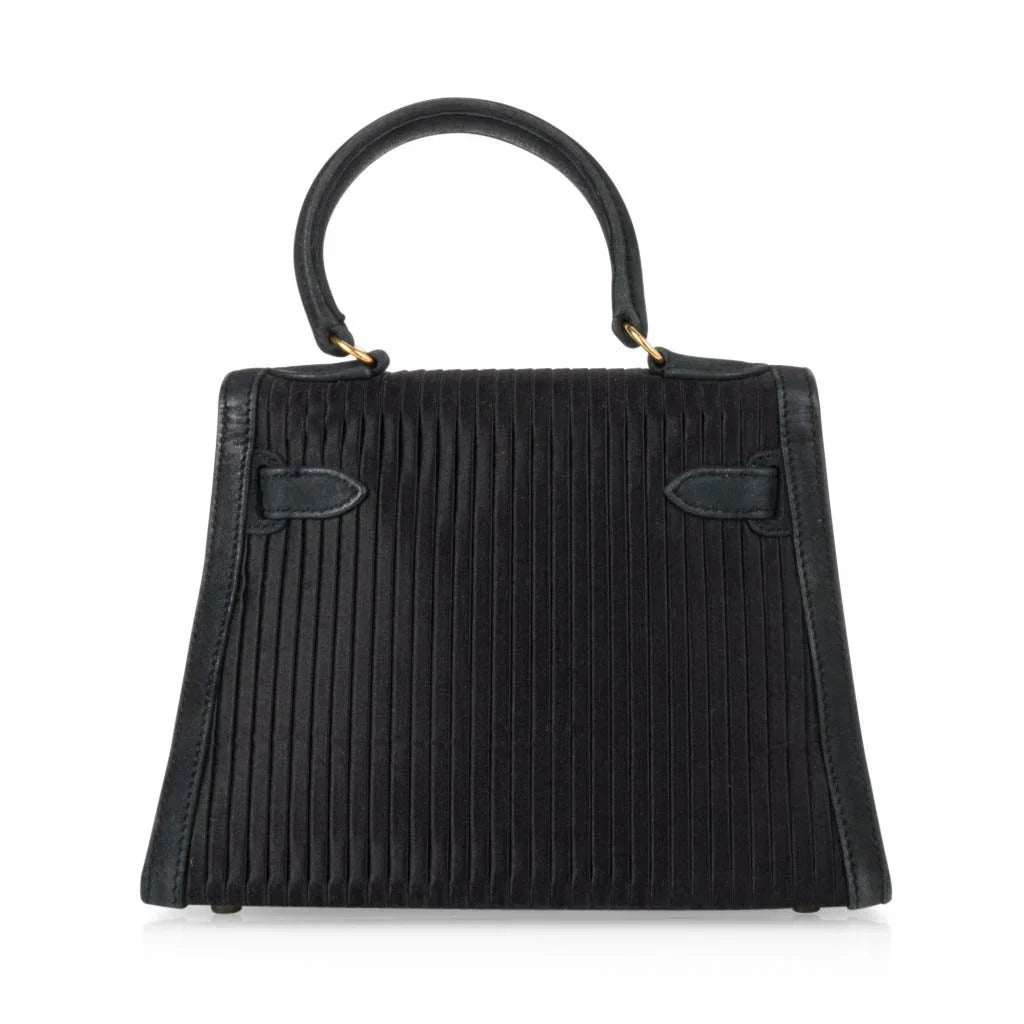Kelly 20 Mini Vintage Bag Black Pleated Silk Suede Trim Gold Hardware