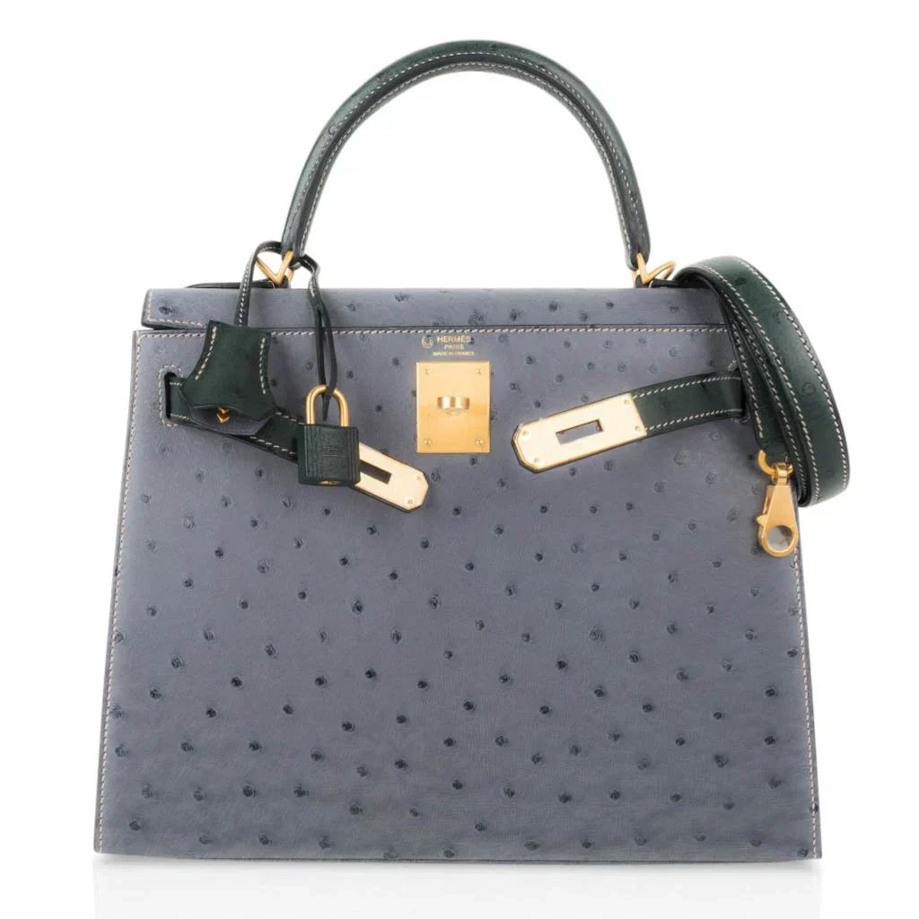Kelly Sellier 28 HSS Bag Gris Agate / Vert Titien Ostrich Gold Hardware