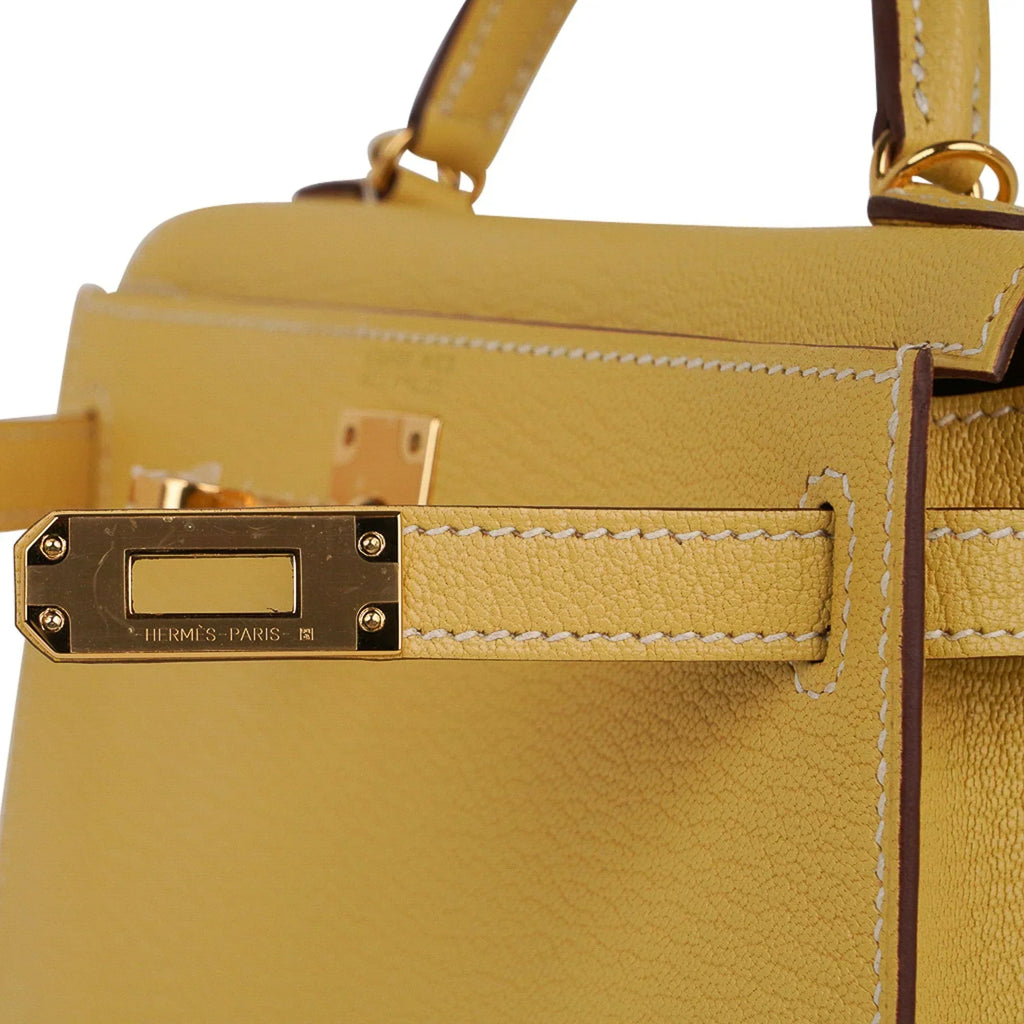 Mini Kelly 20 Sellier Jaune Foin Bag Chevre Gold