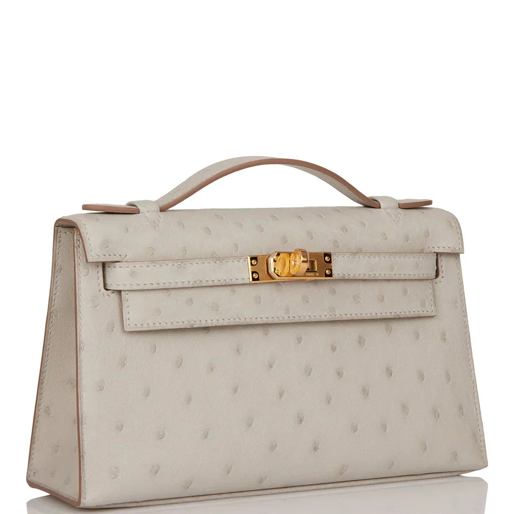 Kelly Pochette Gris Perle Ostrich Gold Hardware
