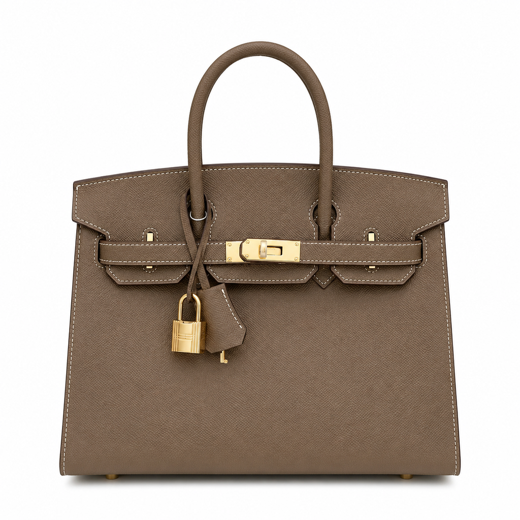 Birkin Style 25/30 Sellier in Etoupe Epsom Leather with White Stitching (Gold Hardware)