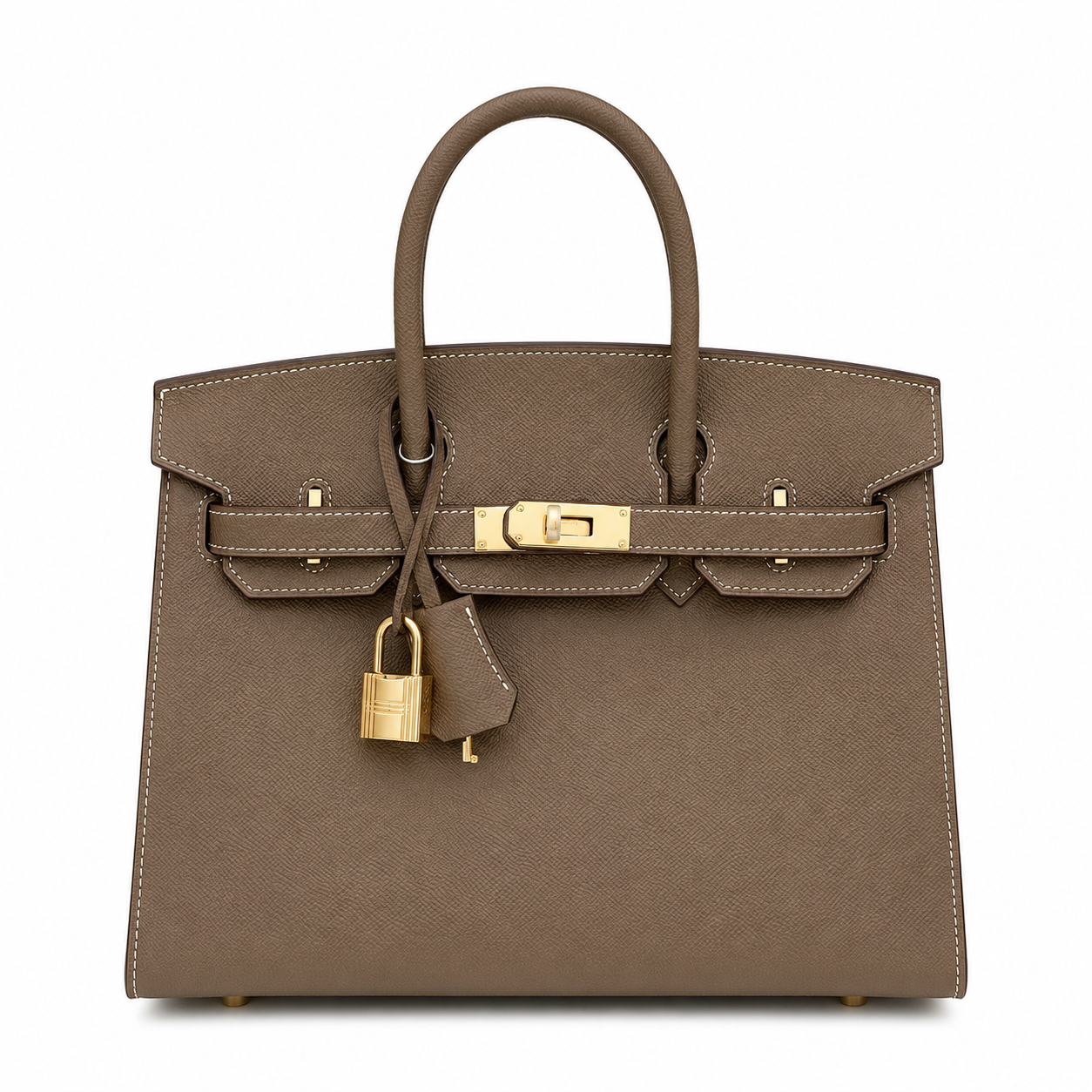 Birkin Style 25/30 Sellier in Etoupe Epsom Leather with White Stitching (Gold Hardware)