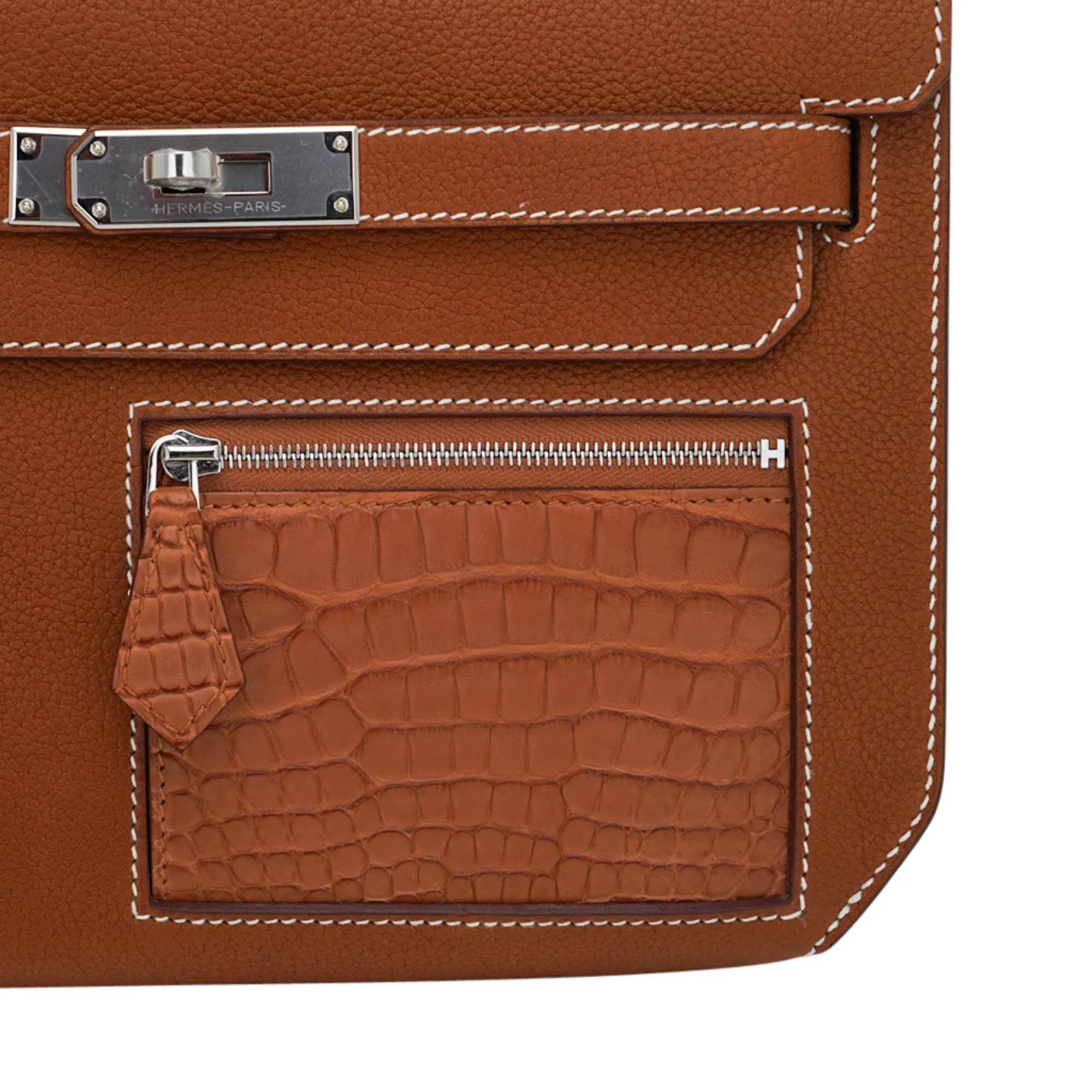 Kelly Depeches Touch Pouch 25 Bag Fauve Barenia Faubourg Leather and Gold Matte Alligator with Palladium Hardware