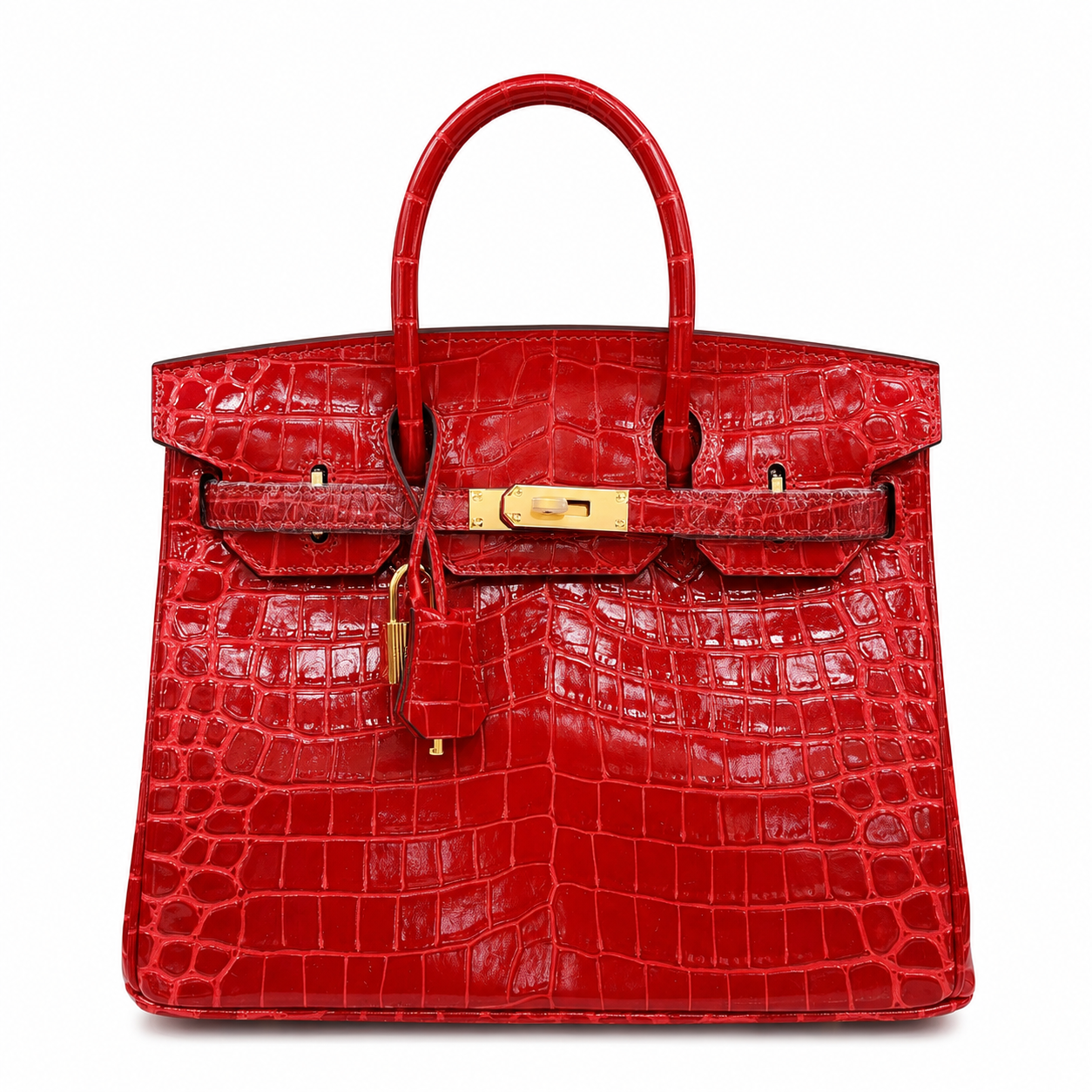 Birkin Style 25/30/35 Retourne in Rouge Vif Crocodile-Embossed Leather (Gold Hardware)