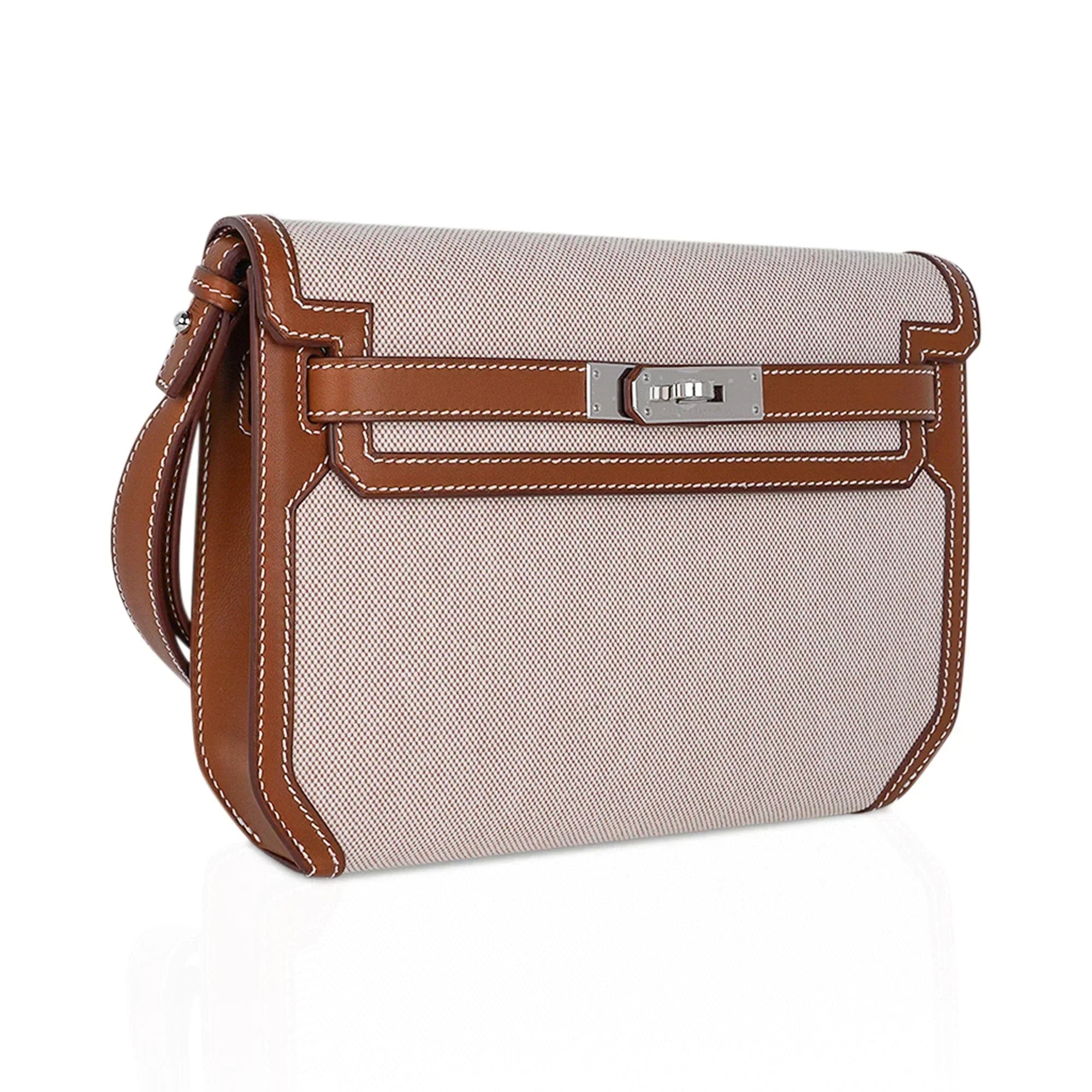 Kelly Depeches 25 Pouch Toile & Fauve Barenia Trim with Palladium Hardware
