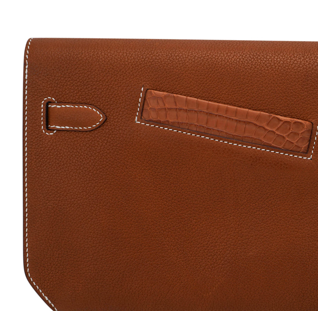 Kelly Depeches Touch Pouch 25 Bag Fauve Barenia Faubourg Leather and Gold Matte Alligator with Palladium Hardware