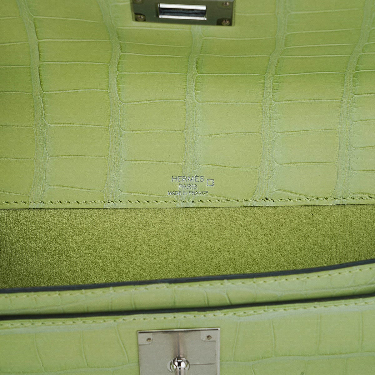 Kelly Depeches 25 Pouch Jaune Bourgeon Matte Alligator Palladium Hardware
