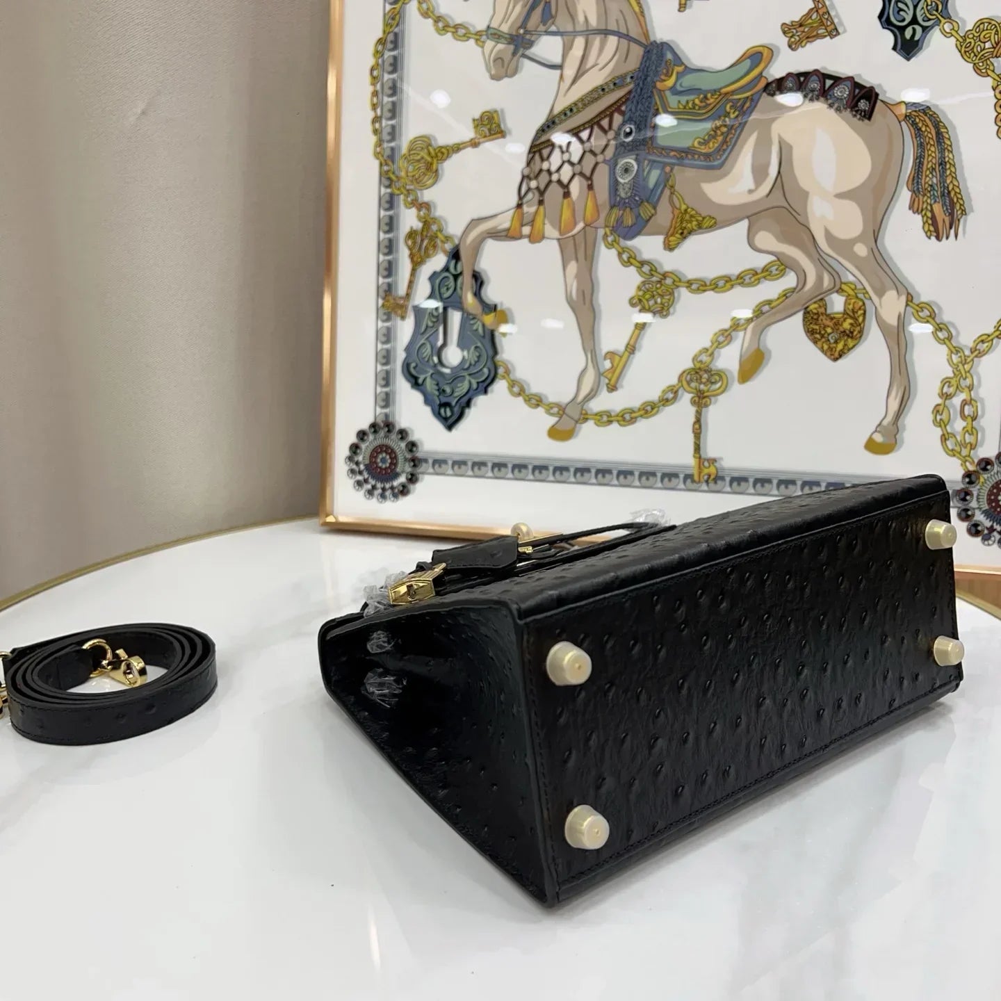 Kelly 25 Sellier Black Ostrich Gold Hardware