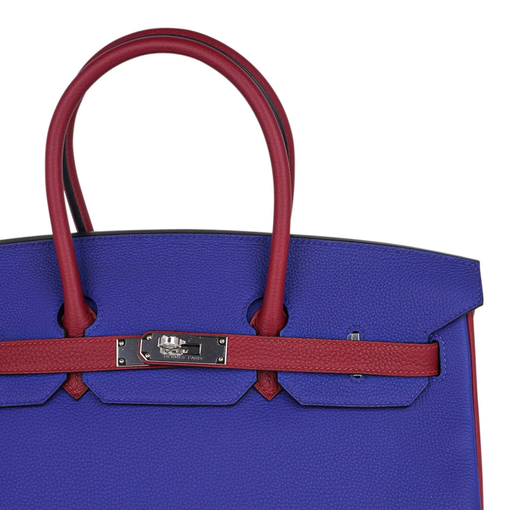 Special Order HSS Birkin 35 Bag Blue Electric & Rouge Granat Togo Leather with Palladium Hardware