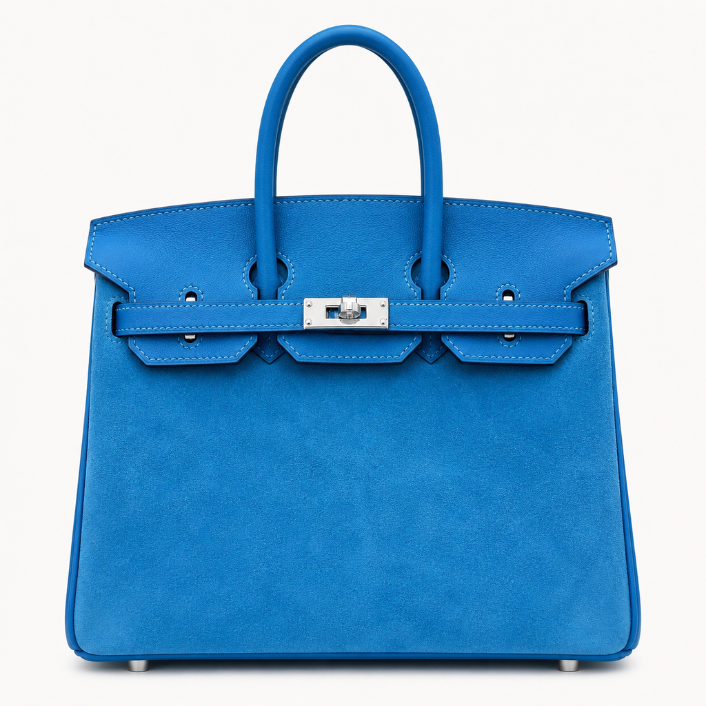 Birkin 25 Retourne in Bleu Zanzibar Swift Leather and Suede Grizzly (Palladium Hardware)