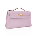 Kelly Pochette Clutch Bag Mauve Sylvestre Swift Leather with Rose Gold Hardware