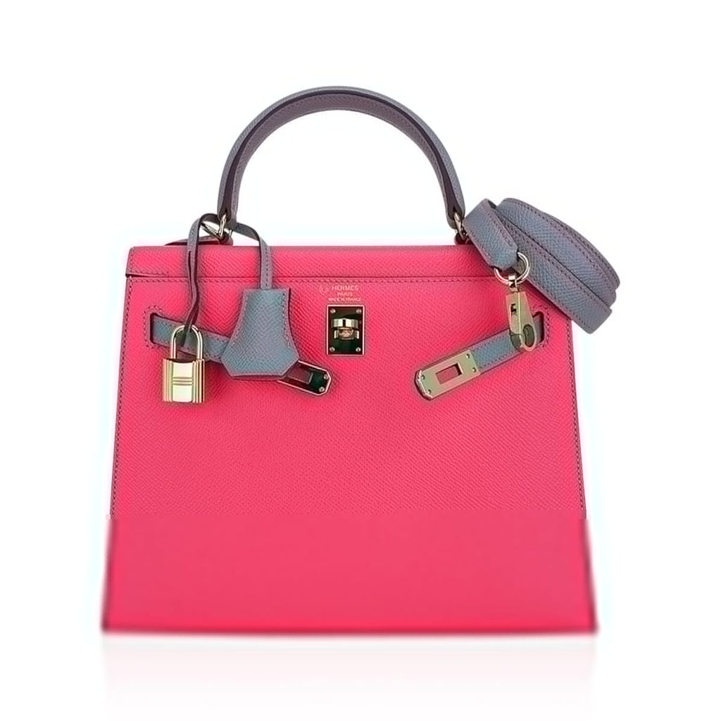 Kelly Sellier 25 HSS Bag Rose Azalee/Gris Mouette Leather Permabrass