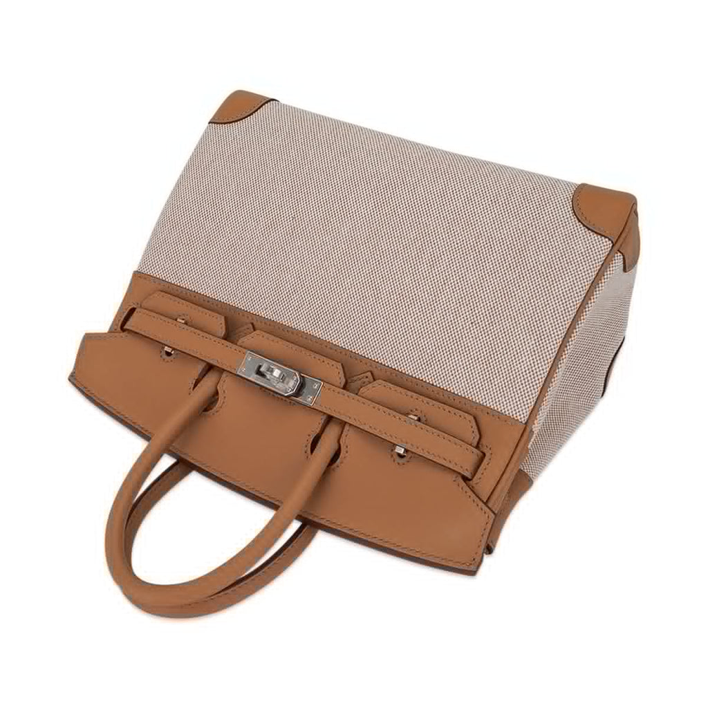Limited Edition Birkin 25 Bag in Biscuit Swift Leather & Ecru Toile H with Palladium Hardware