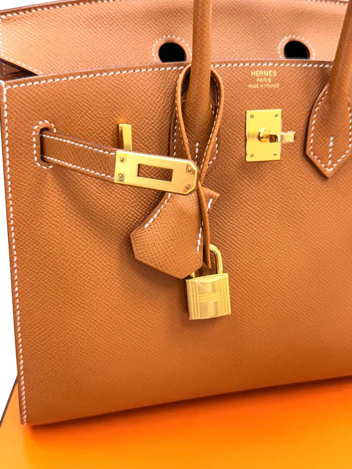 Birkin Sellier 25 Gold Epsom Leather Rolled Handles Gold Hardware Handbag
