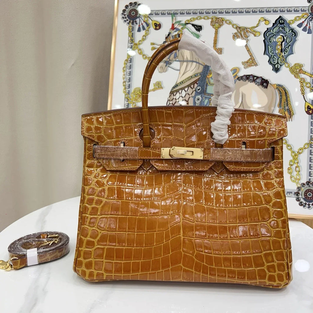 Birkin Shiny Niloticus Crocodile Cowhide Leather Gold Hardware