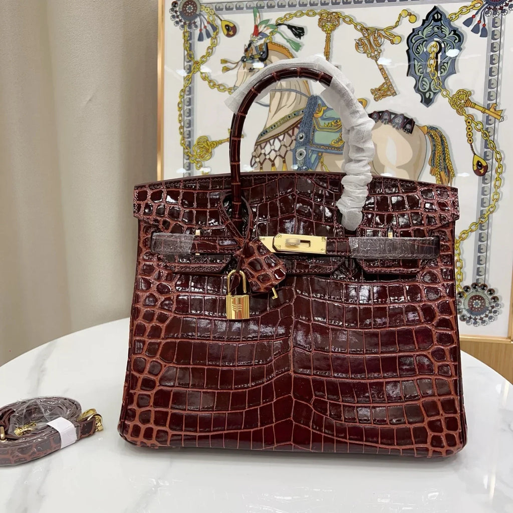 Birkin Bordeaux Shiny Porosus Crocodile Gold Hardware
