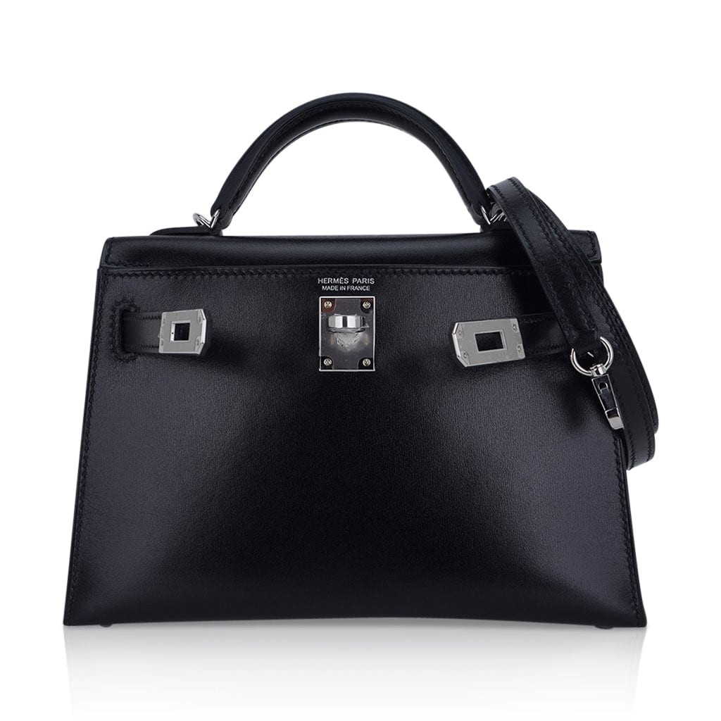 Kelly 20 Sellier Black Box Leather Mini Bag Palladium Hardware