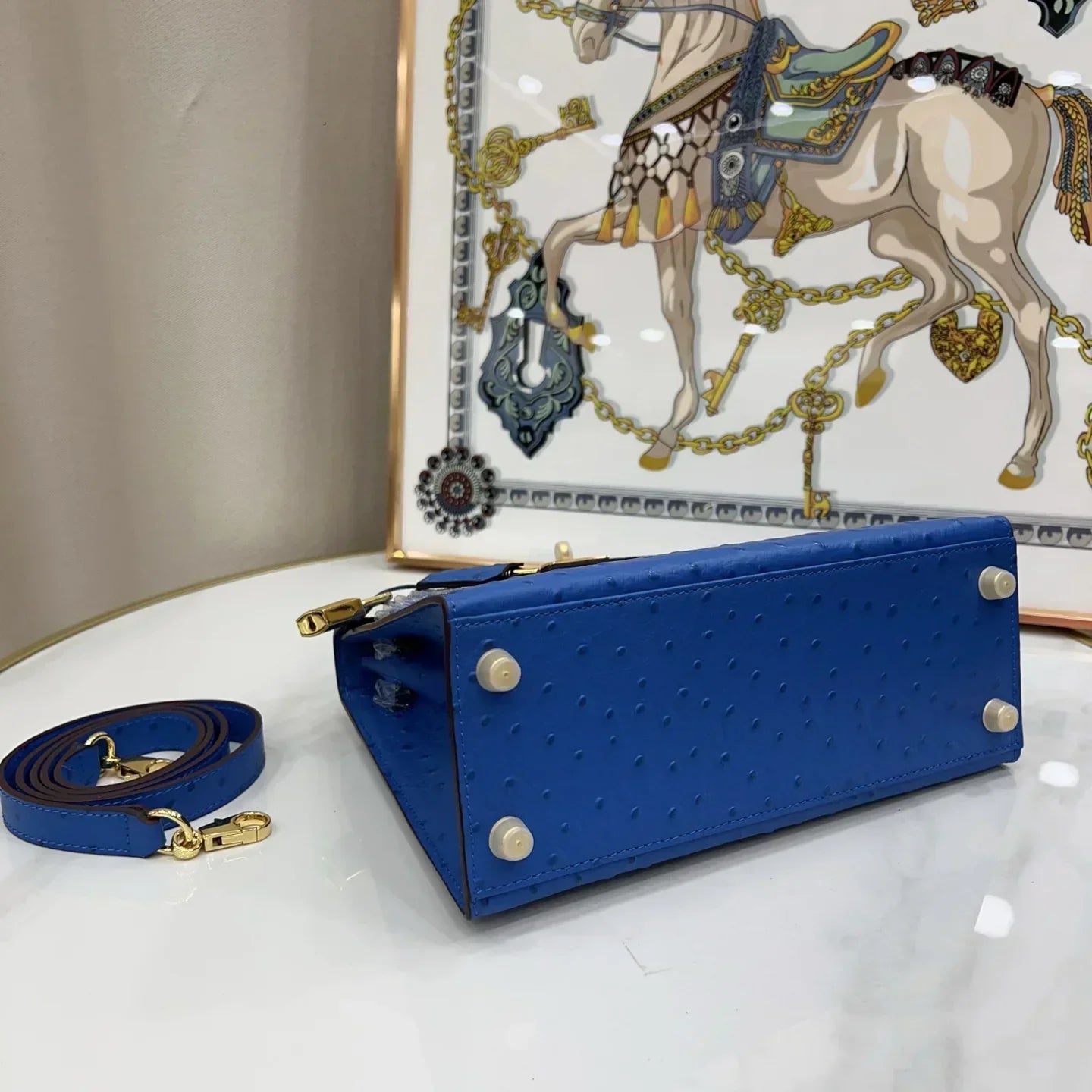 Kelly 25 Sellier Ostrich Bleuet Gold Hardware