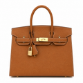 Birkin Style 25/30 Sellier in Gold Epsom Leather with White Stitching (Gold Hardware)