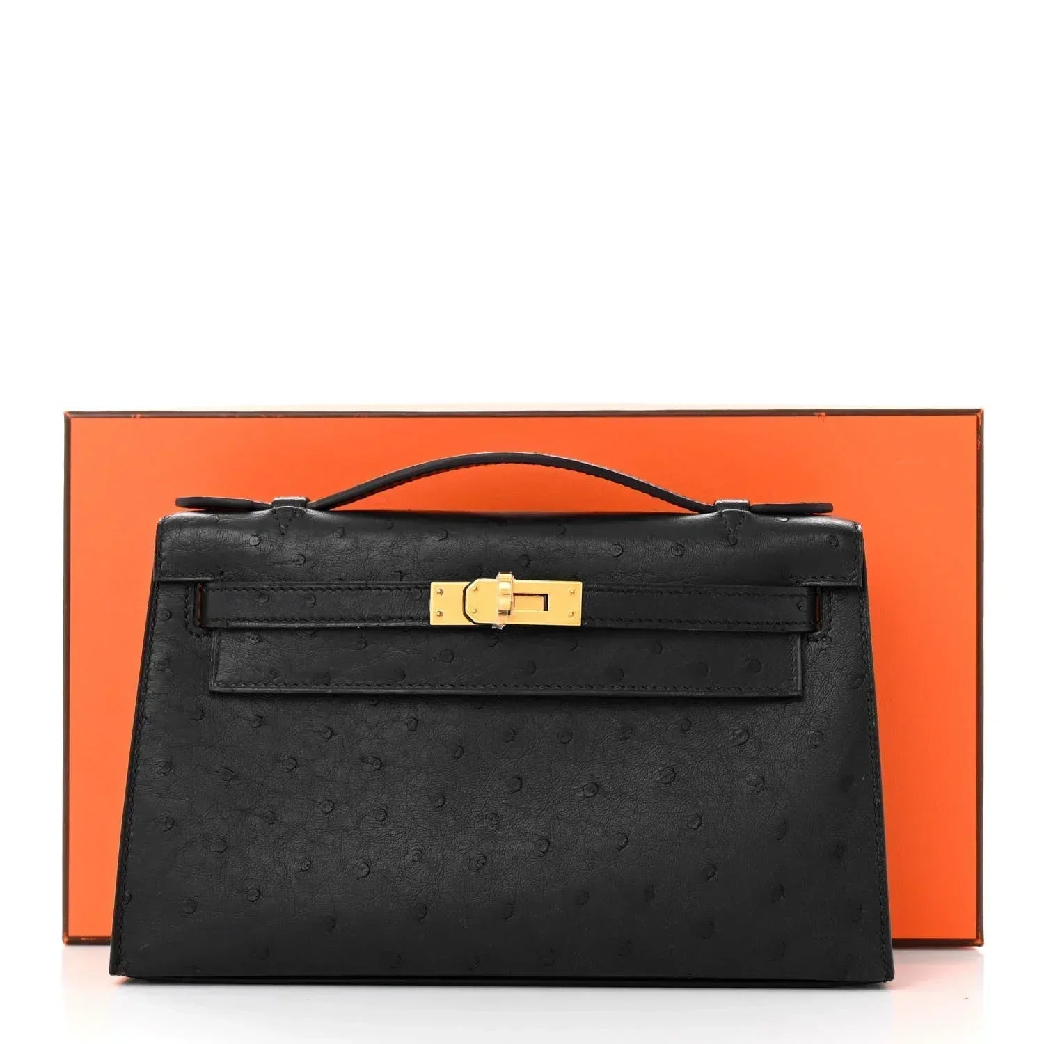 Kelly Pochette Black Ostrich Clutch Gold Hardware