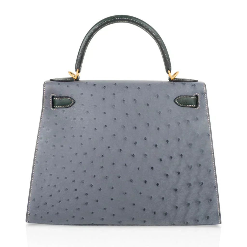 Kelly Sellier 28 HSS Bag Gris Agate / Vert Titien Ostrich Gold Hardware