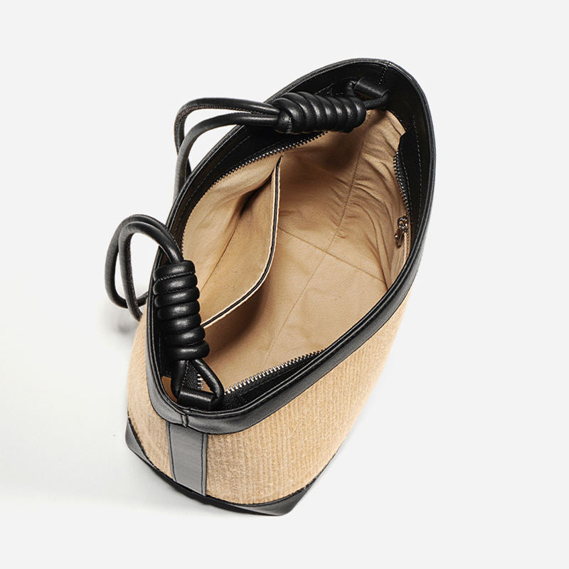 Straw & Leather Trim Bucket Tote Bag