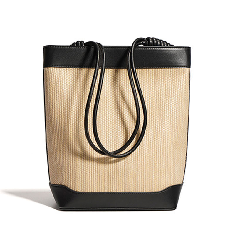 Straw & Leather Trim Bucket Tote Bag