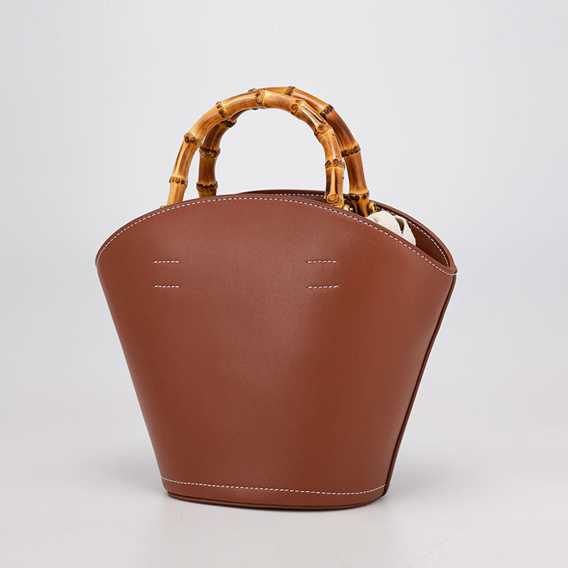 Brown Bucket Bag with Bamboo Handle