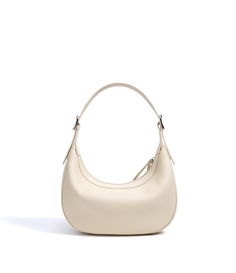Cream Leather Half-Moon Hobo Bag with Detachable Strap