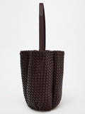 Dark Brown Woven Leather Bucket Tote Bag