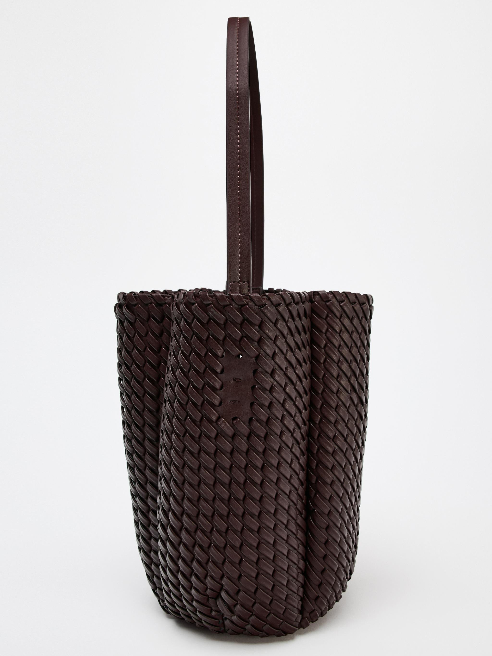 Dark Brown Woven Leather Bucket Tote Bag
