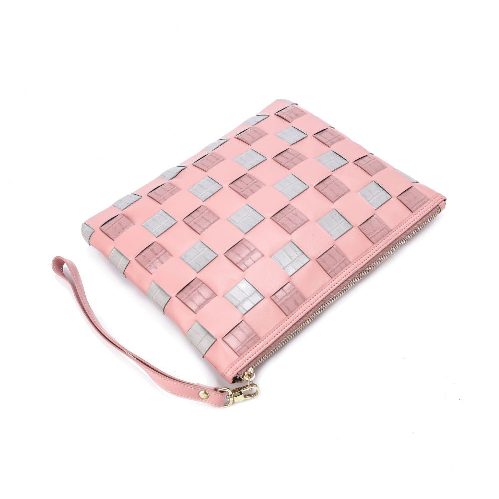 Pink & Grey Woven Checker Wristlet Pouch