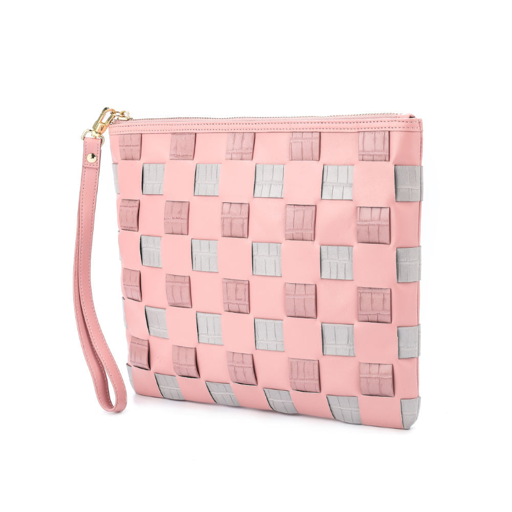 Pink & Grey Woven Checker Wristlet Pouch