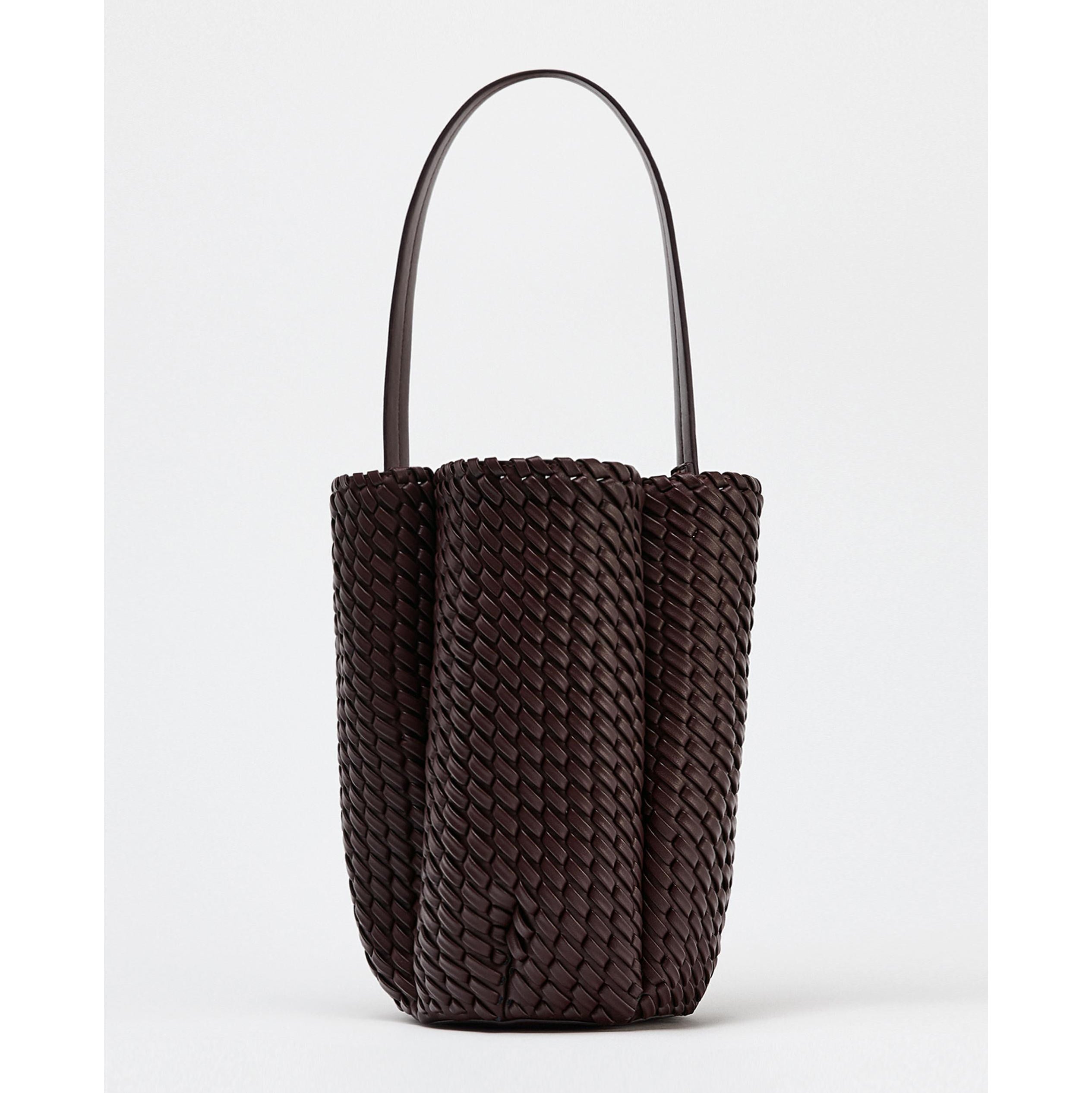 Dark Brown Woven Leather Bucket Tote Bag