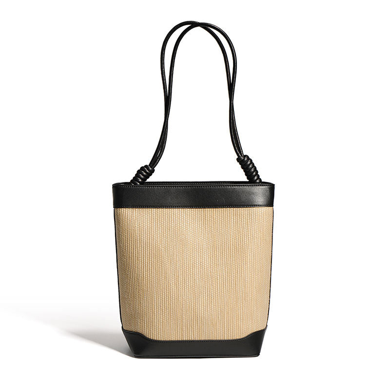 Straw & Leather Trim Bucket Tote Bag
