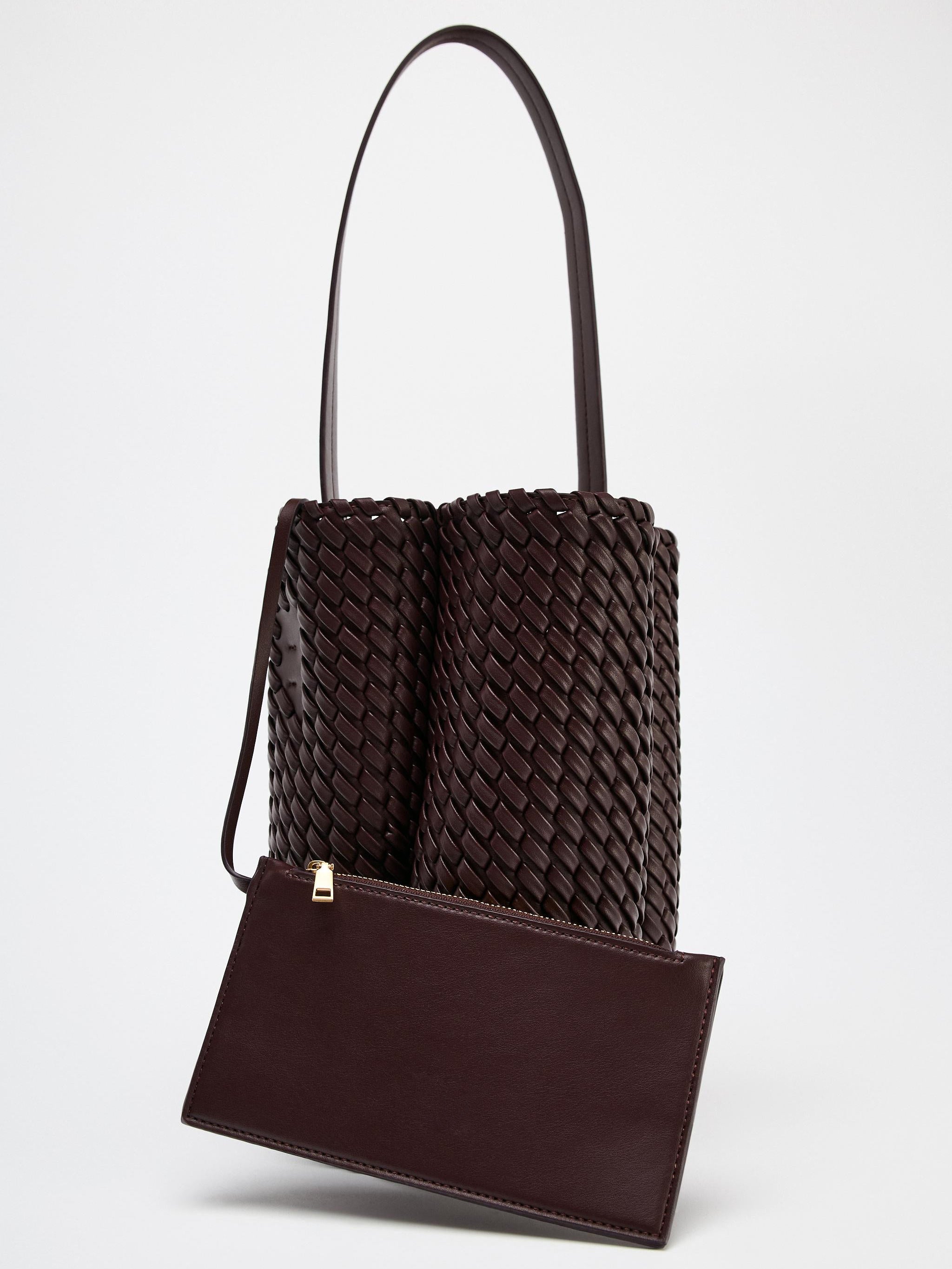 Dark Brown Woven Leather Bucket Tote Bag