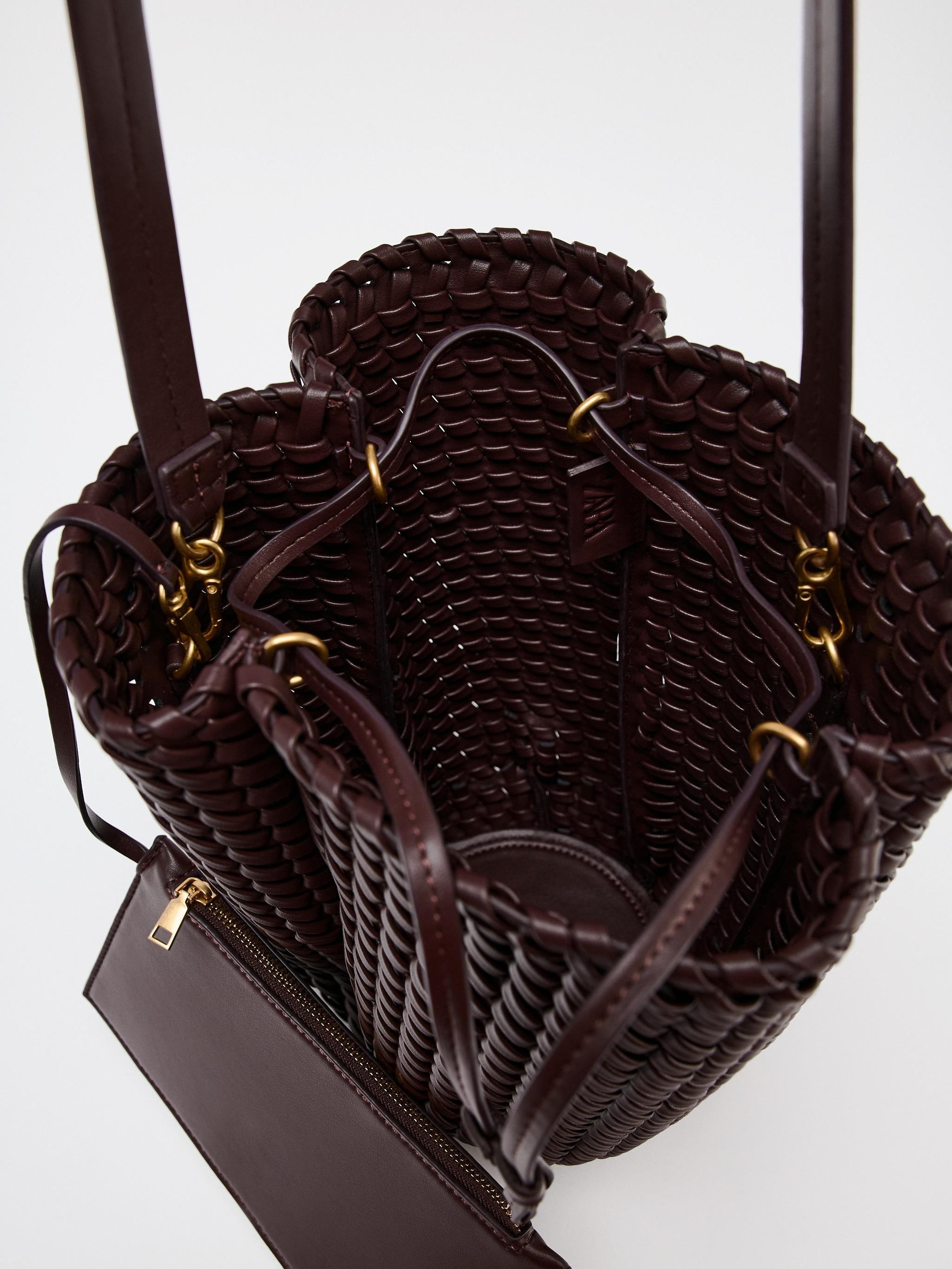 Dark Brown Woven Leather Bucket Tote Bag