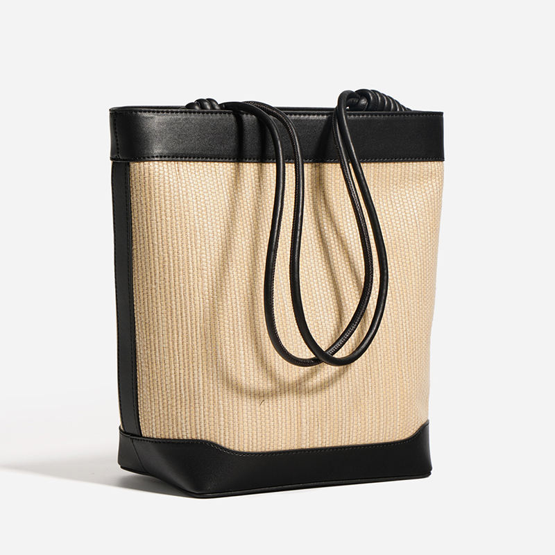 Straw & Leather Trim Bucket Tote Bag
