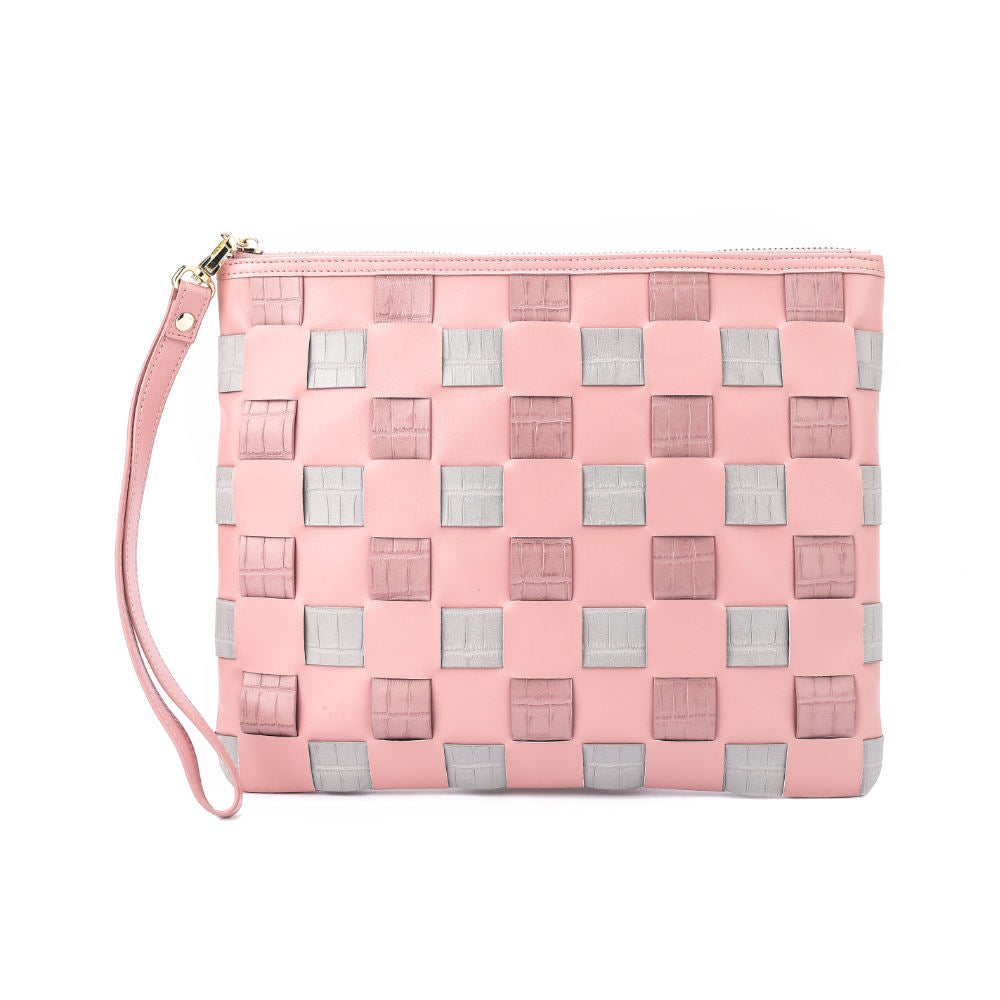 Pink & Grey Woven Checker Wristlet Pouch
