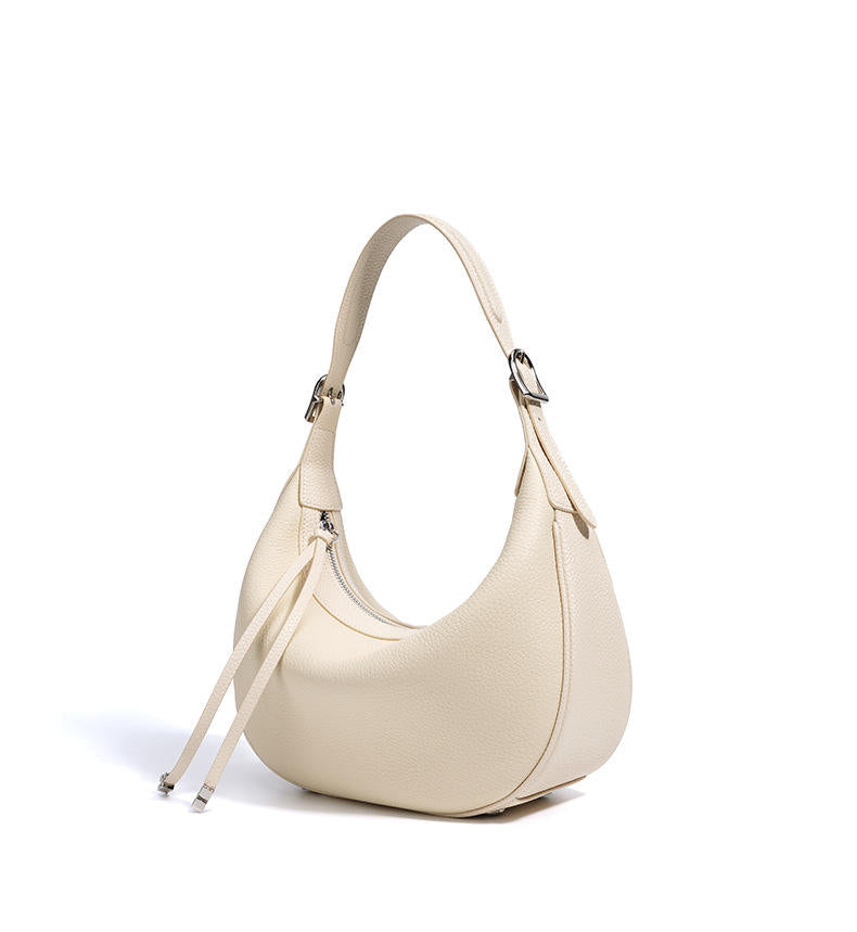 Cream Leather Half-Moon Hobo Bag with Detachable Strap