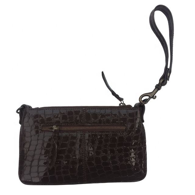Croc-Embossed Brown Leather Wristlet Clutch